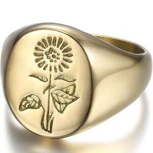 18k Sunflower Floral Signet Ring Luxurious Gold Steel